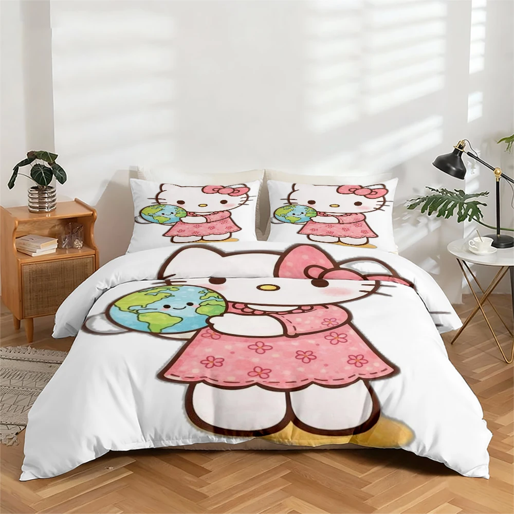 

Комплект постельного белья из 3 предметов с цифровой печатью высокого разрешения, с принтом Hello Kitty и узором в виде земного шара, большой комплект постельного белья с цветочным принтом, включает 1 пододеяльник + 2 наволочки, подходит для спальни, гост