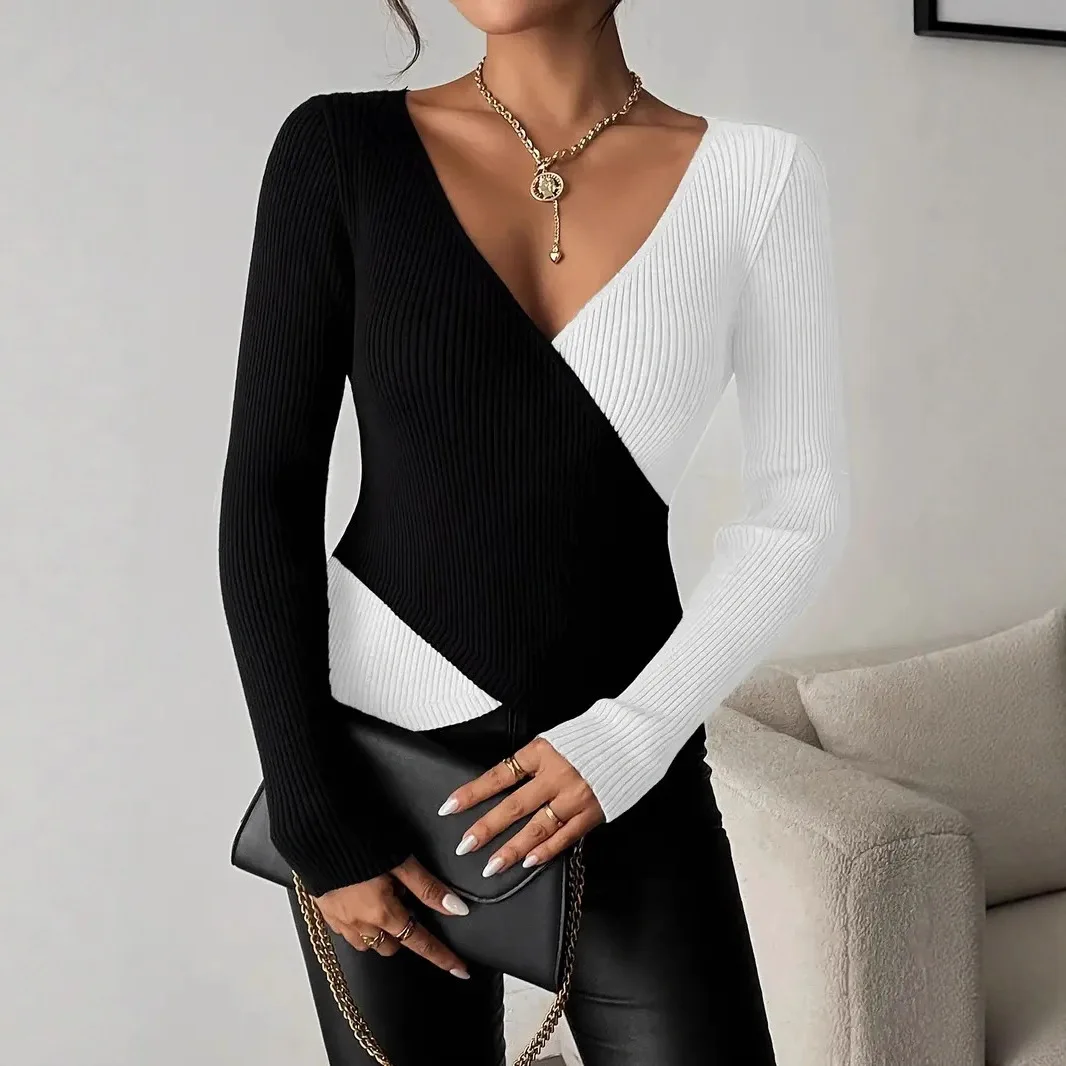 2026 Run! Solid Color V-neck T-shirt Fashionable And Elegant Two-tone Long Sleeve Top, Run! Layered Women's Clothing Boho