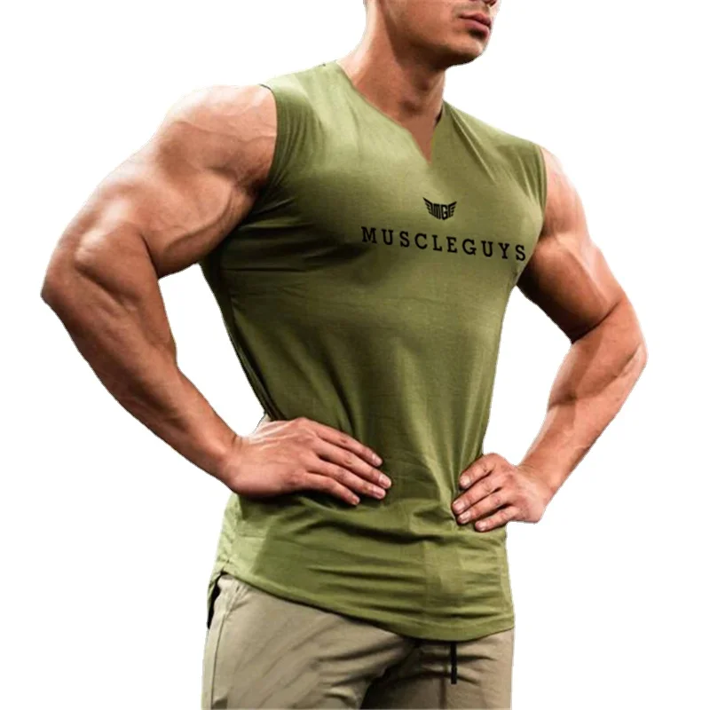 

Summer Printed Cotton Fitness Mens Gym Sports Curved Hem V Neck Bodybuilding Fitness Workout Sleeveless Shirt