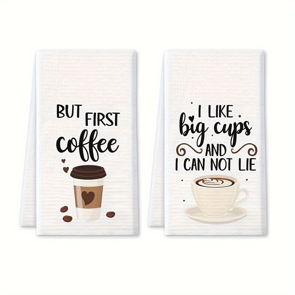 2pcs, Hand Towels, Coffee Theme Kitchen Towel, Coffee Pot Cup Pattern Decorative Dishcloth, Absorbent Tea Towel For Holiday, Kit