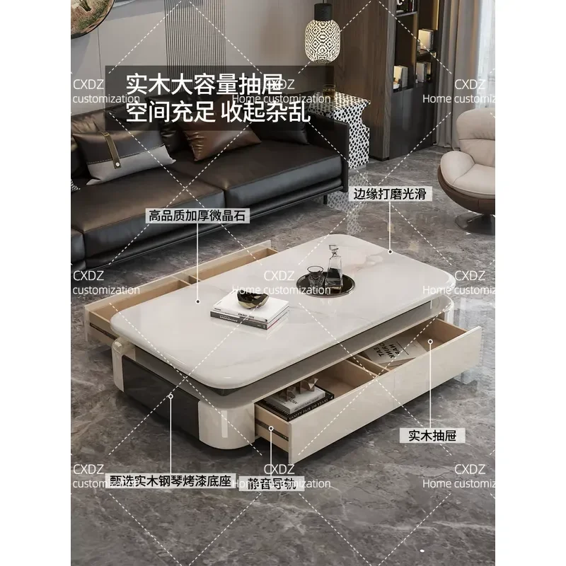 Solid Wood Piano Finish Coffee Table with Microcrystalline Stone Top Modern Simple Rectangular Storage High End Living Room