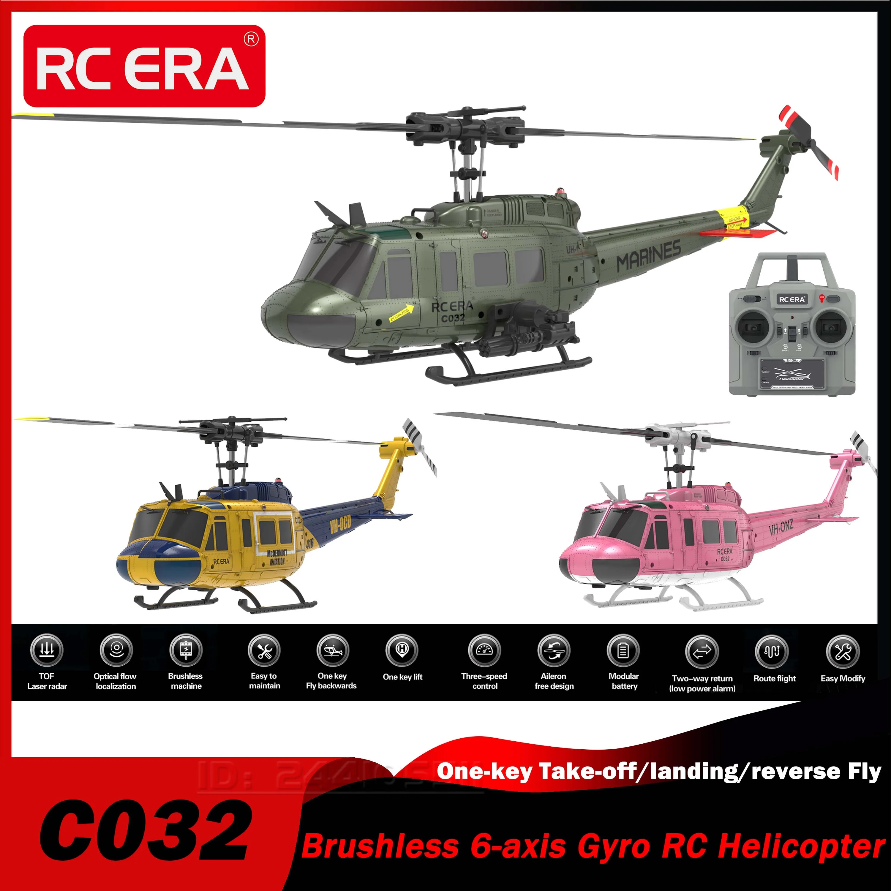 

C032 UH-1 1/48 Бесщеточный RTF 6-канальный радиоуправляемый вертолет 6-осевой гироскоп Спуск с одной кнопкой/уход/реверсивный режим мух 3D-полет Аккумулятор 7,4 В