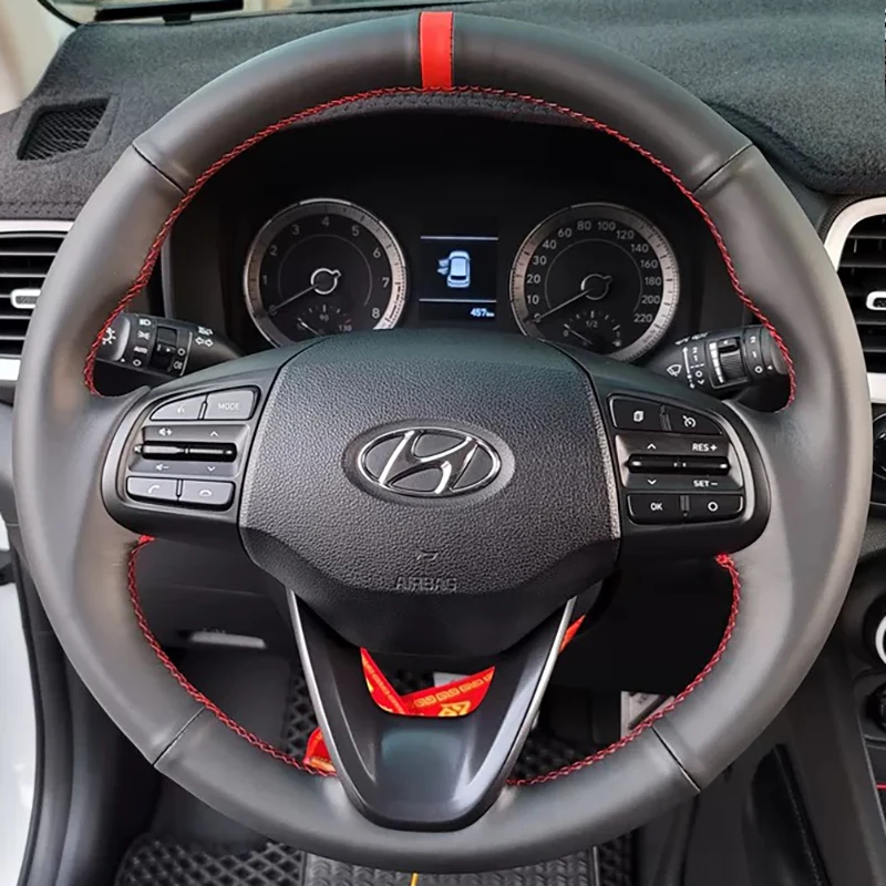 

For Hyundai Kona Verna 2017-2020 Hand-stitched black genuine Leather non-slip car Steering Wheel Cover