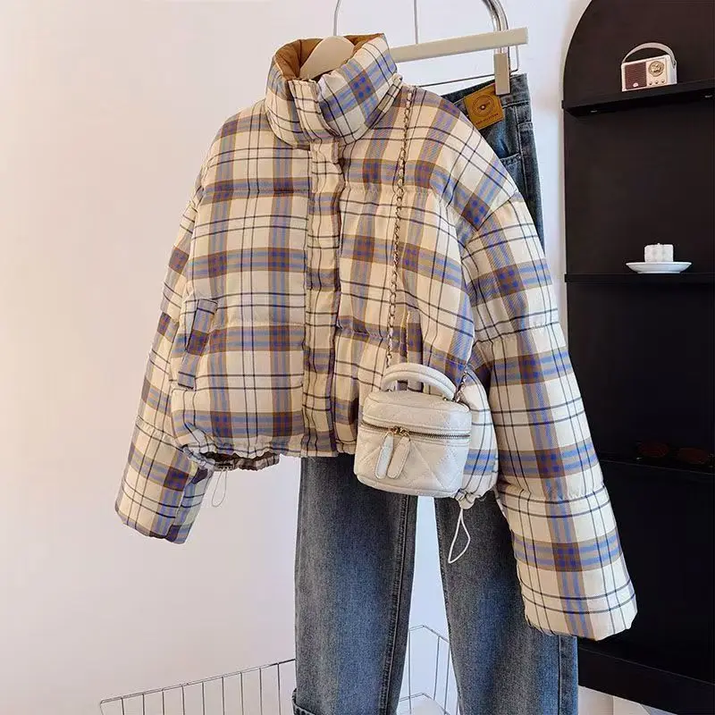 Kimotimo Winter 2025 Plaid Cropped Puffer Coat Women Stand Collar Loose Thickened Warm Cotton Jacket Trendy Streetwear