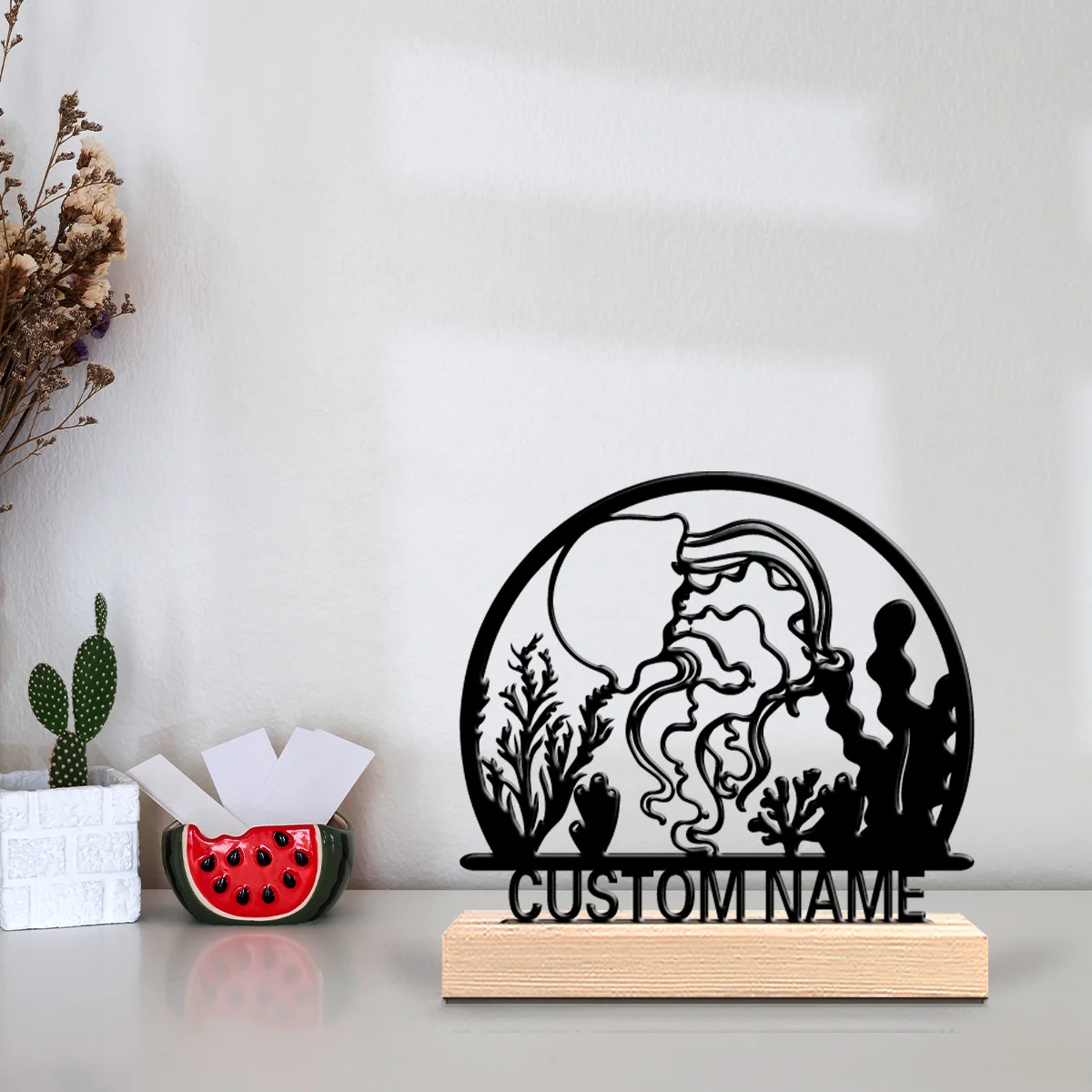 Estatua de Metal con Diseño de Algas Marinas, Personalizada, con Base de Madera, Decoración para Bar, Cocina, Comedor, Estilo Rústico Moderno (1 Pieza)