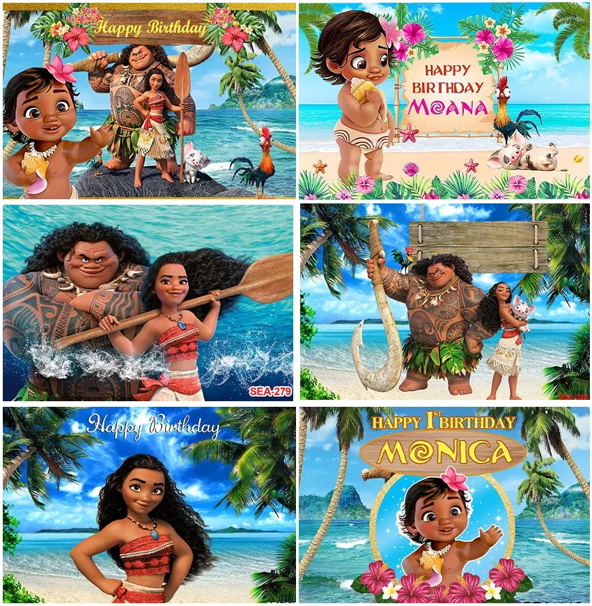 Disney Cartoon Ocean Princess Moana Custom Backdrops Beach Coast Palm Leaf Tropical Flowers Birthday Party Backgrounds Banner