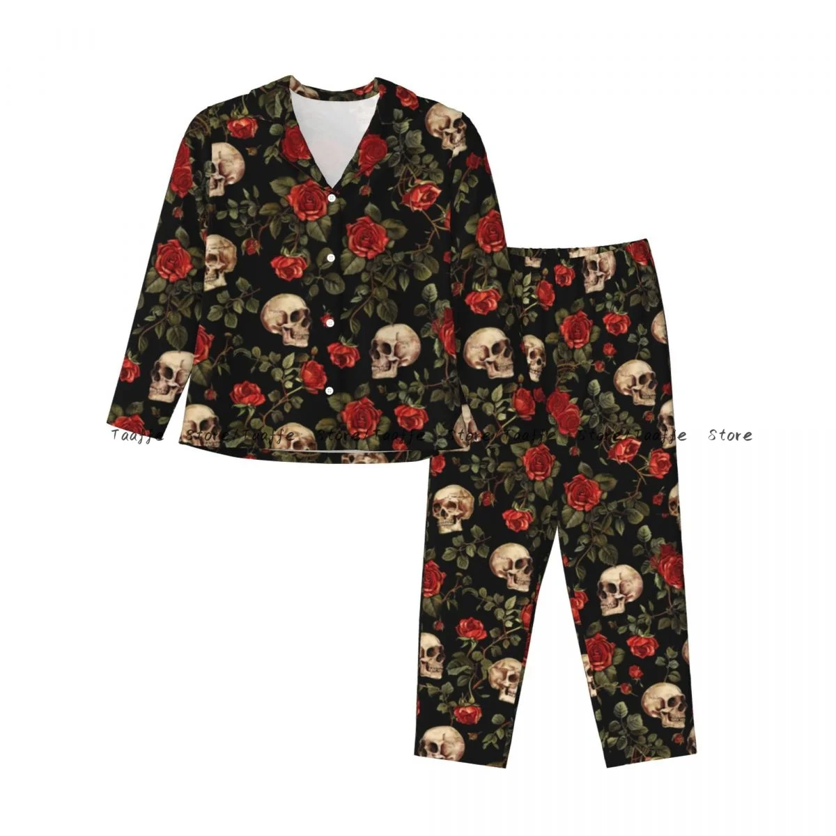 Women Sleepwear Loungewear Roses And Skull Illustration Long Sleeve Lapel Neck Shirt and Elastic Waist Pants Pajamas Set