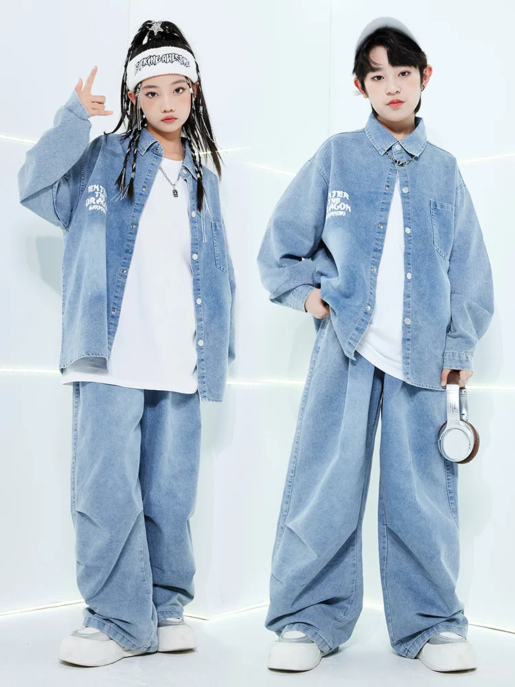 Mädchen Hip Hop Denim Mantel Jeans Street Dance Lose Hosen Jungen K-pop Streetwear Jacke Kind Teenager Jazz Kleidung Sets kinder Kostüme