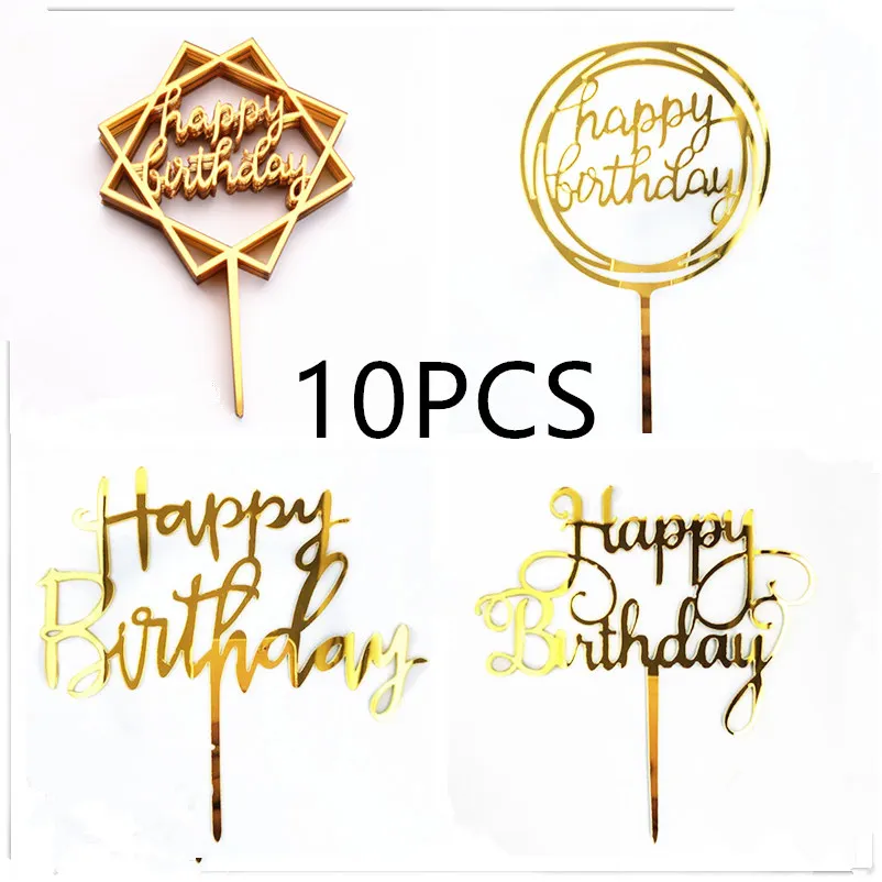 10 sztuk różowo-złotych dekoracji na tort z okazji urodzin Srebrno-czarne proste akrylowe dekoracje na torty Baby Shower Party Dekoracja deserowa