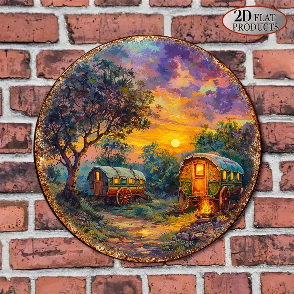 Vintage Gypsy Trailer Sunset Round Aluminum Wall Art, Waterproof Metal Sign for Living Room Bedroom Bar Decor Gift