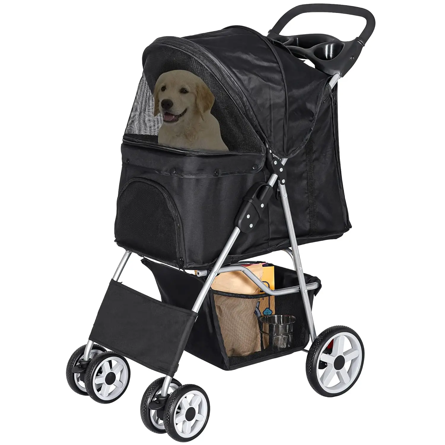 Microdermabrasion Pet Stroller 4 Wheels Dog Stroller for Small Medium Dogs Foldable with Storage Basket and Cup Holder