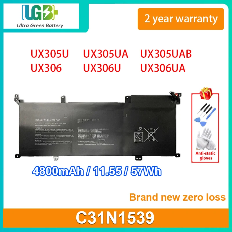 

UGB New C31N1539 Laptop Battery For Asus ZenBook UX305U UX305UA UX305UAB UX306 UX306U UX306UA 0B200-01180200 11.55V 57Wh