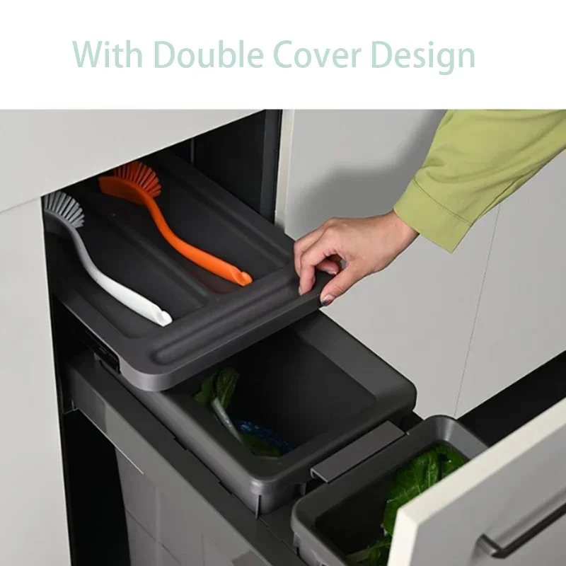 Kitchen Recessed Trash Can Double Bucket Classification Wastebasket Household Pull-out Paper Basket Hidden Cleaning Organizer