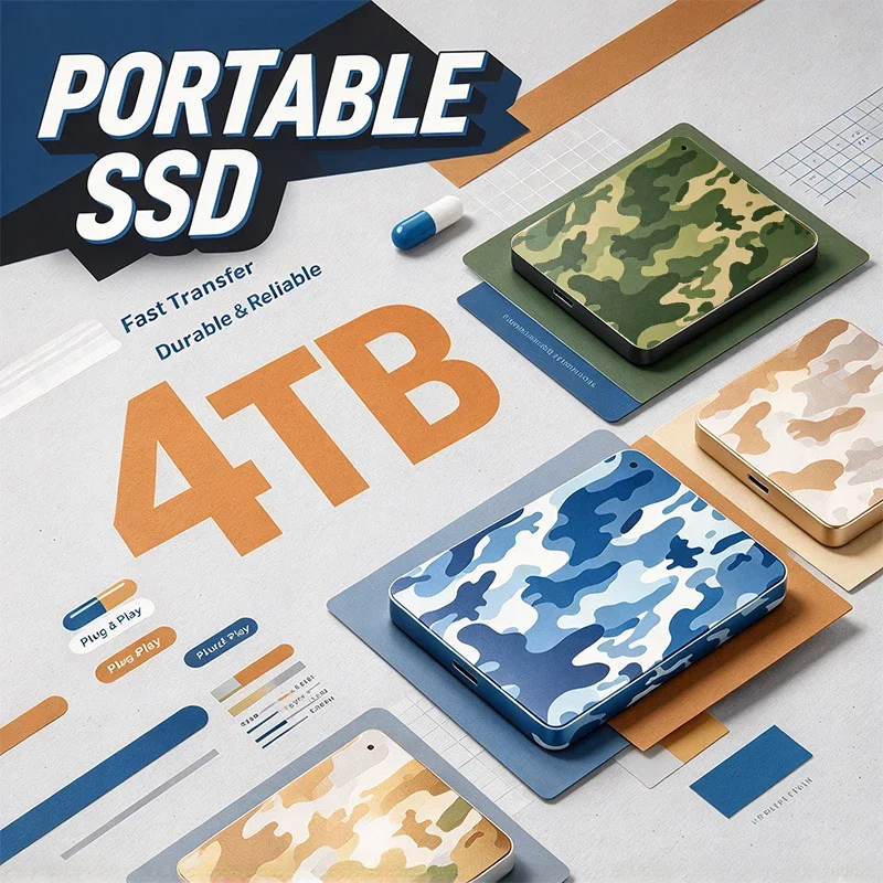 SSD externo portátil de 4 TB com padrão camuflado, unidade de estado sólido, disponível em várias cores, armazenamento sem fios de alta velocidade para portátil, telemóvel e tablet.