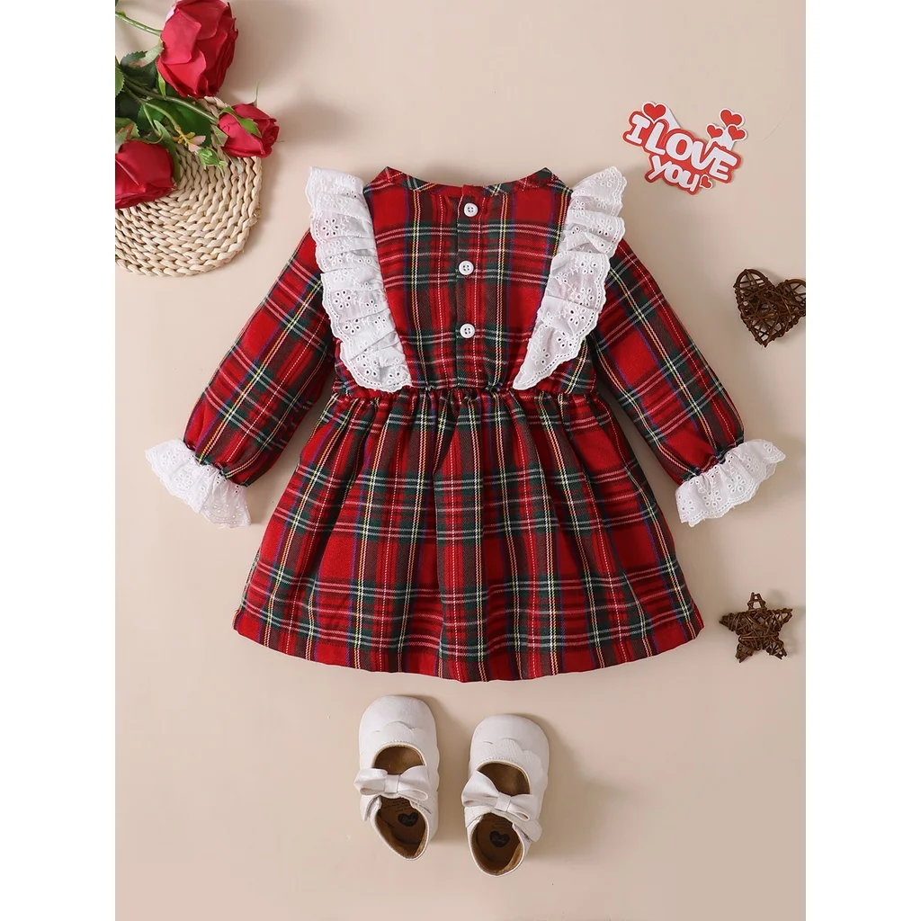 Christmas Party Dress for 0-3 Years Baby Girl Back Single-breasted White Lace Red Plaid Round Neck Waist Long Sleeve Dress