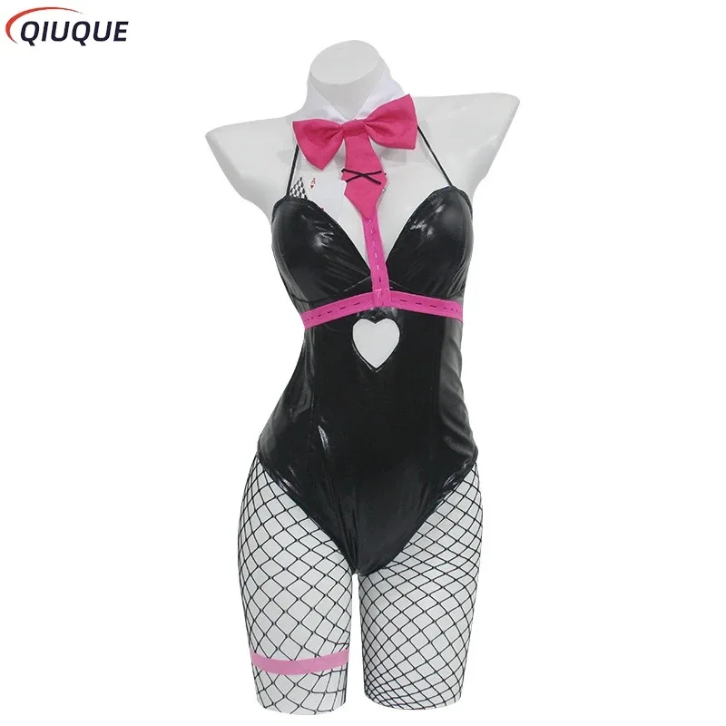 Conejo agujero chica conejito disfraz peluca mujer tela de cuero elástico Sexy Cosplay traje de conejito monos negros