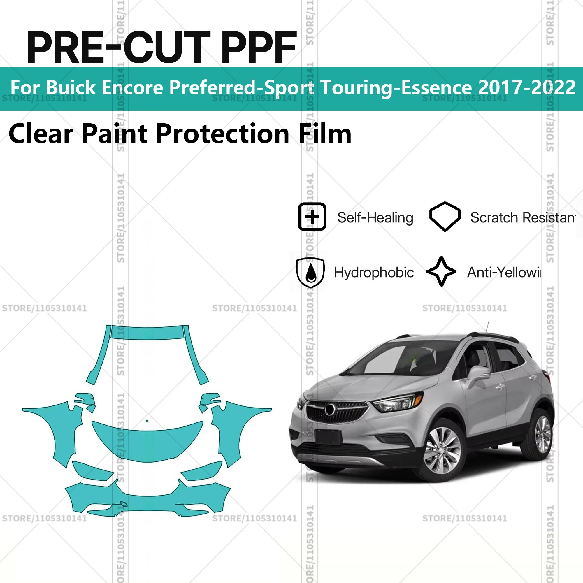 

Для Buick Encore Preferred-Sport Touring-Essence 2017-2022: Предварительно вырезанная прозрачная защитная пленка PPF для автомобиля
