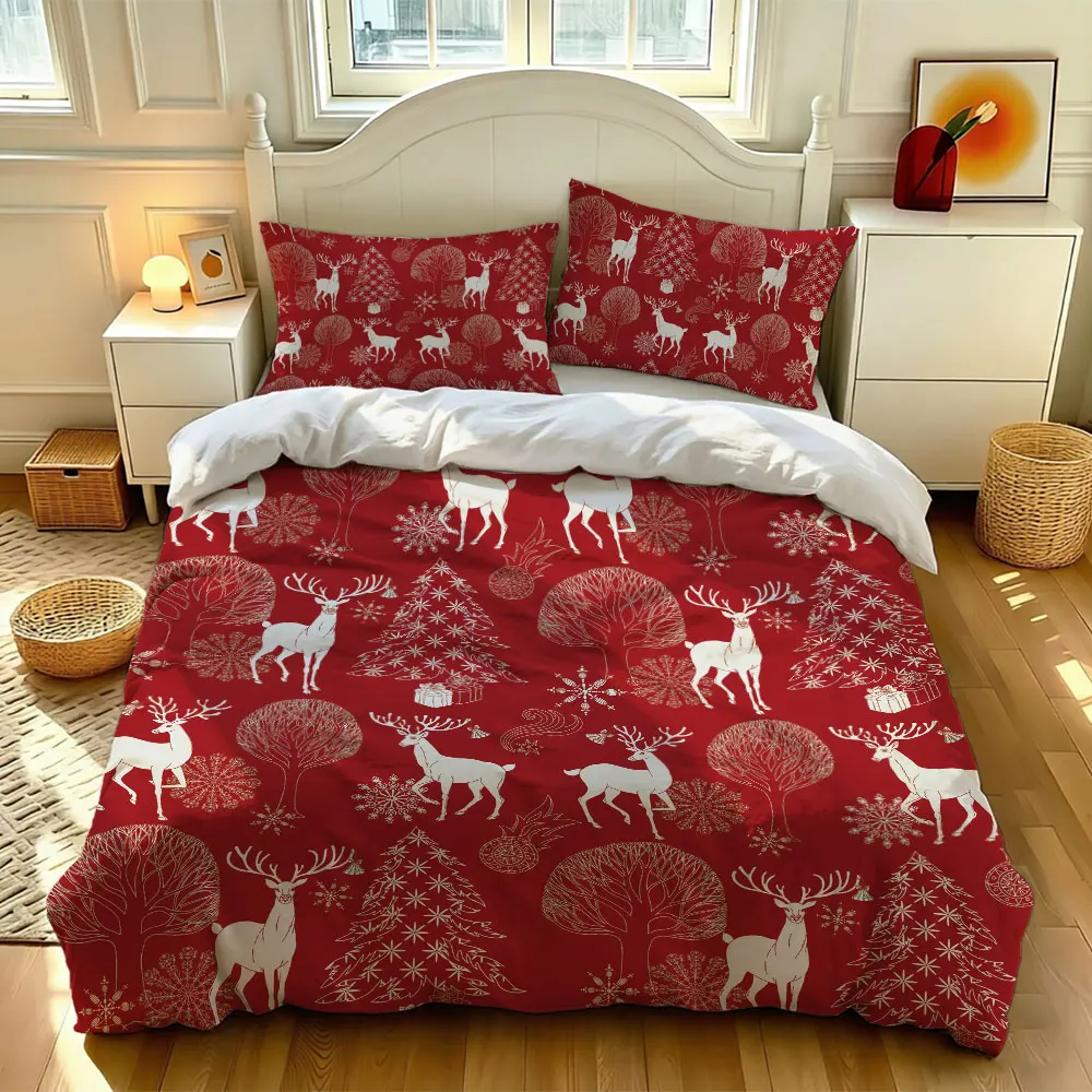 3pcs(1 bedspread + 2 pillowcases) featuring a red background with white Christmas deer perfect for home decoration