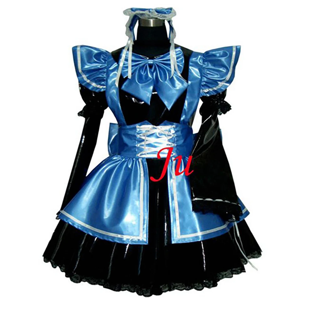 

fondcosplay adult sexy cross dressing sissy maid short black thin Pvc Lockable Dress Uniform blue apron CD/TV[CK851]