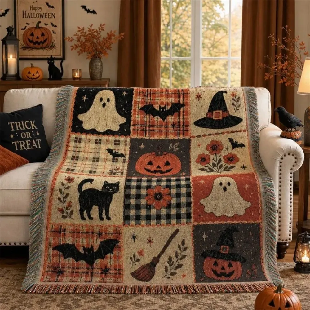 Vintage Halloween Patchwork Blanket Warm Dark Style Ghost Throw Blanket Black Cat Bat Print Soft Pumpkin Ghost Blanket Bedroom