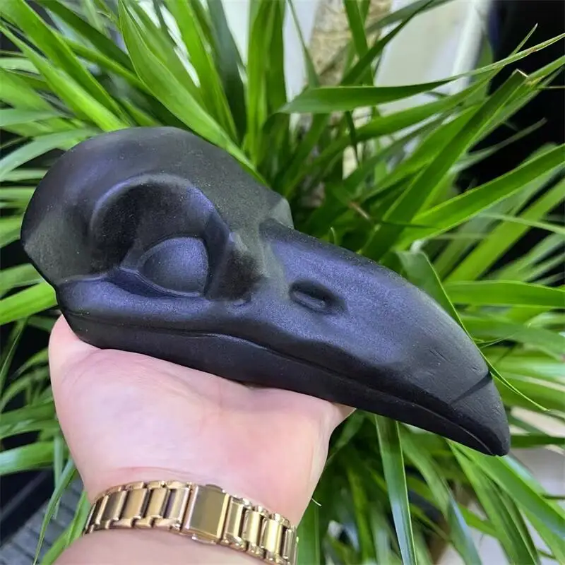 20CM Natural Black Obsidian Crow Skull Carving Wicca Decor Carved Raven Figurine Healing Quartz Halloween Gift 1pcs