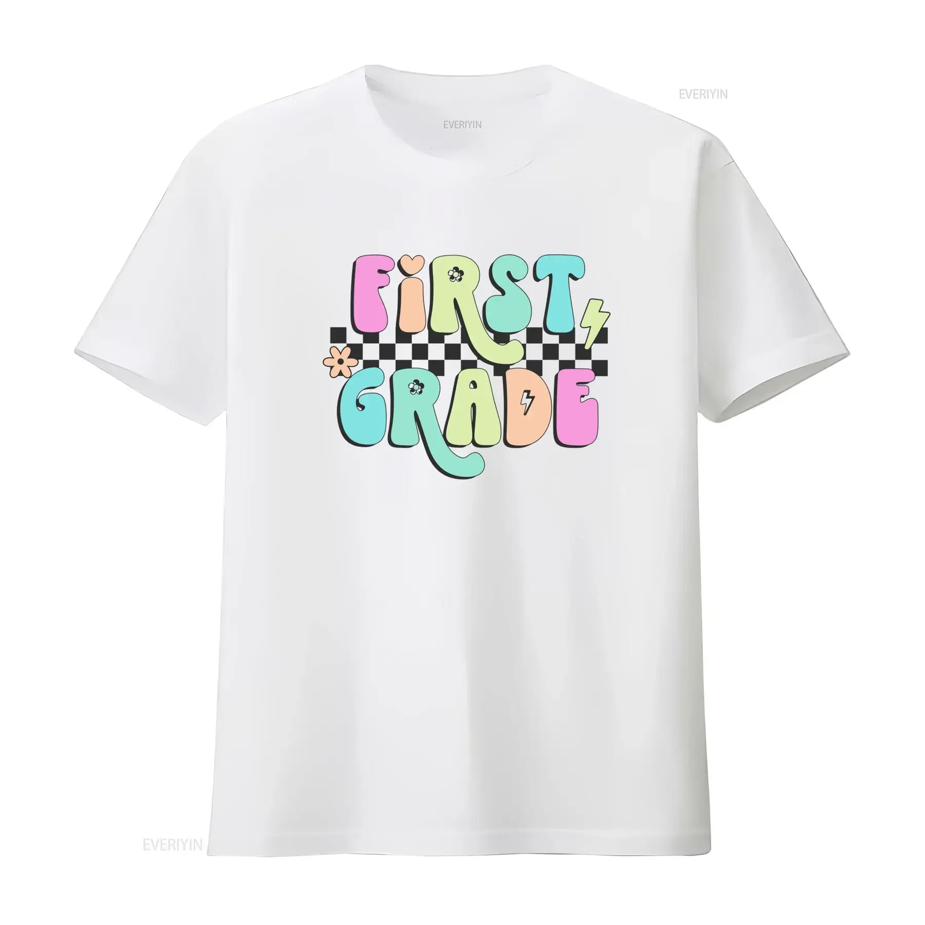 Groovy Retro First Grade Back To School Pastel Floral Lightning Print Casual T Shirt vintage Washed Top For Everyday Wear