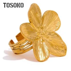 TOSOKO Waterproof Stainless Steel Flower Big Open Ring for Women Trendy Fashion Party Summer Statement Jewelry BSA074