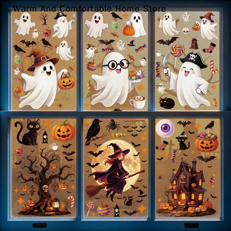 【W】1/2/4/6/8 Sheets Halloween Decorations Creative Pumpkin Ghost Glass Sticker Happy Halloween Day Decor