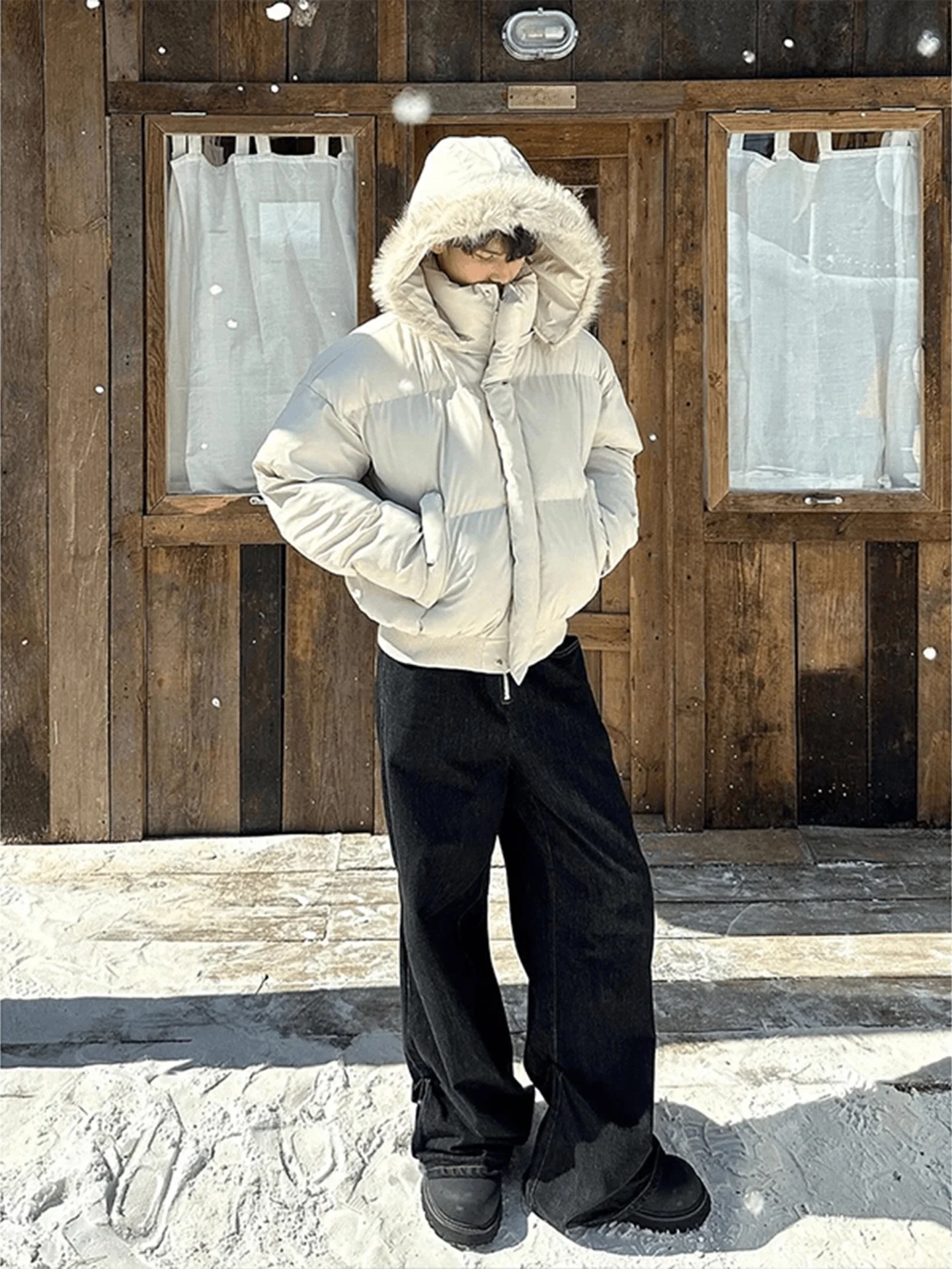 

American Sle ort Hooded PU Leather Bread Cotton Jaet Men Women Winter Thiened Loose Versatile Warm Fur Collar Cotton ...