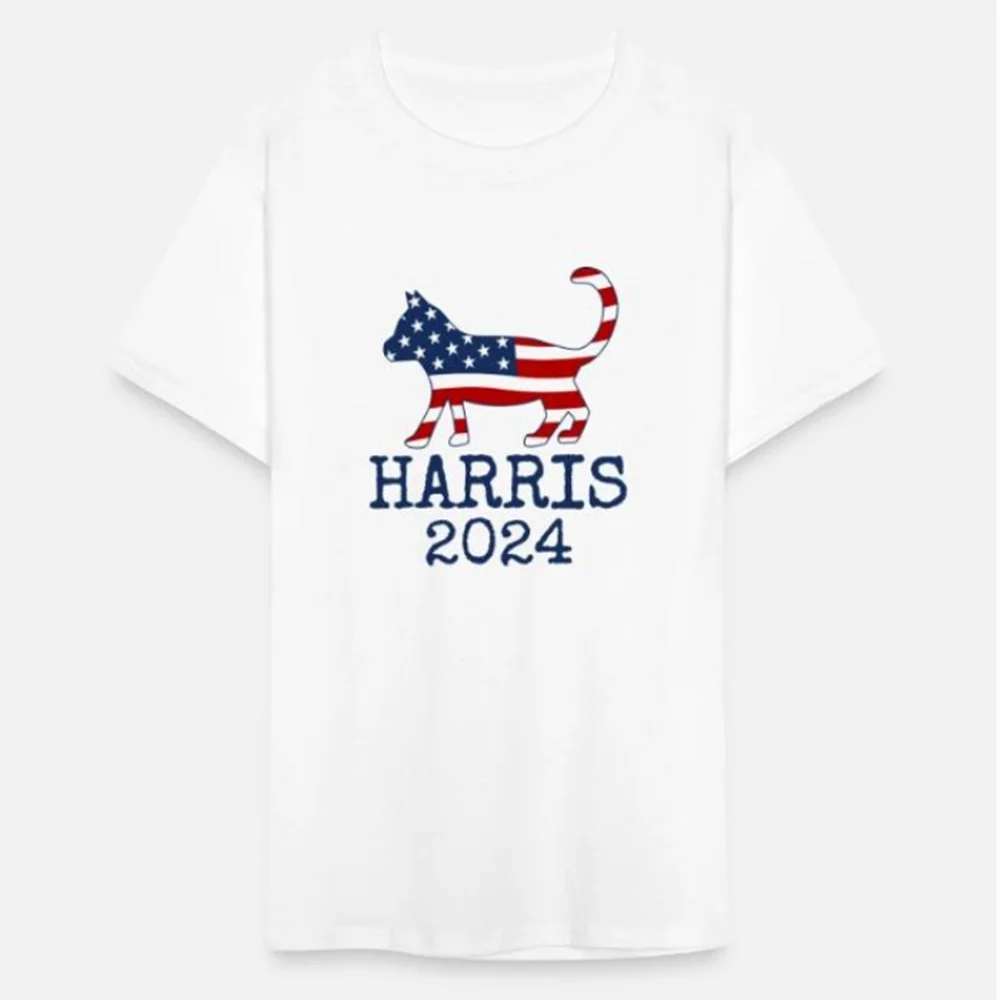 Funny Harris 2024 Cat Presidential Election T-Shirt 100% Cotton O-Neck Short Sleeve Summer Casual Mens T-shirt Size S-3XL