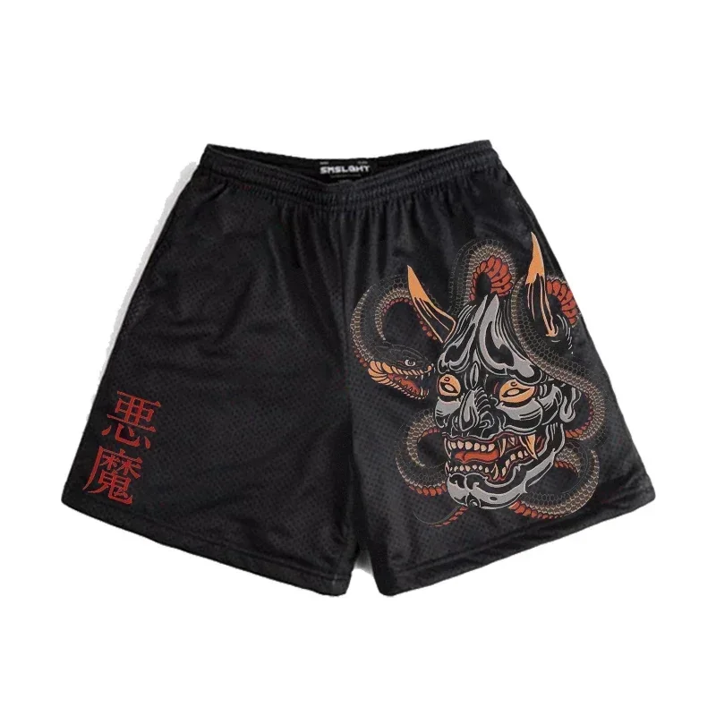 Anime Shorts Men Japanese Style Gym Shorts Summer Y2k Beach Casual Fashion Running Short Pants Quick Dry Workout Mesh Sweatpants