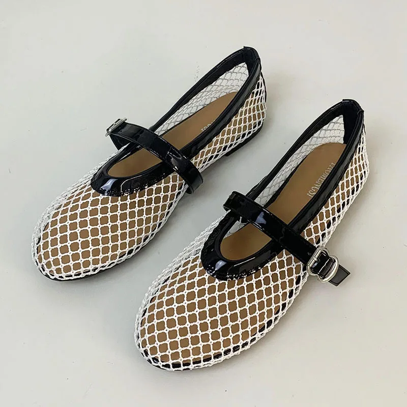 Ladies Ballet Flats Beach Holiday Mesh Women Lolita Flats Buckle Strap Casual Outside Fashion Female Mary Jane Shoes Big Size 43