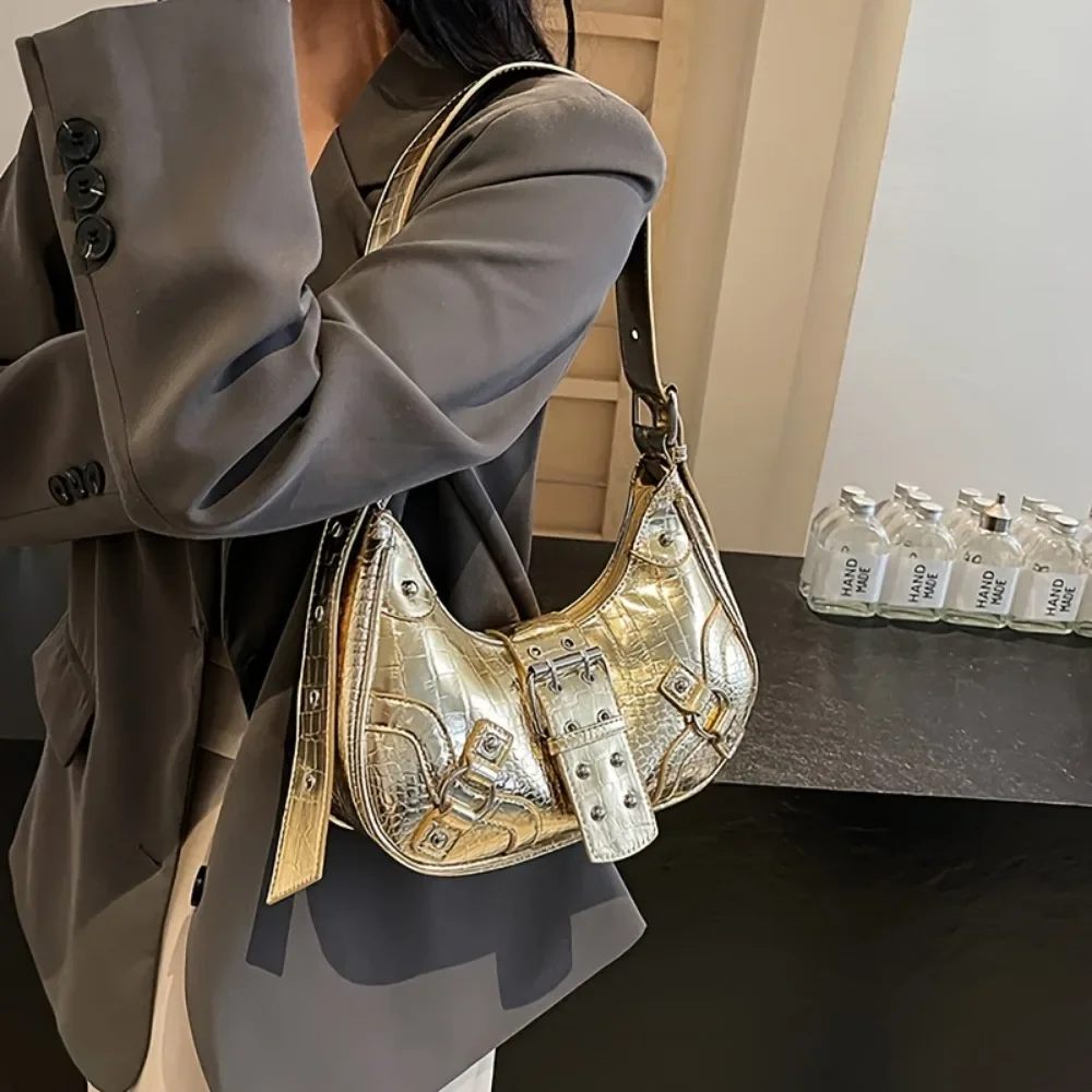

Women's Fashion Gold Pleated Hobo Shoulder Bag - Stylish Faux Leather Crossbody Bag with Rivet Details