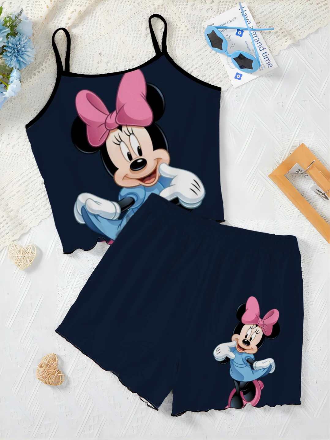 

Short Sets for Women 2 Pieces Lettuce Trim Women's Suit Pajama Skirt Top Home Dress Mickey T-shirt Minnie Mouse Elegant Disney