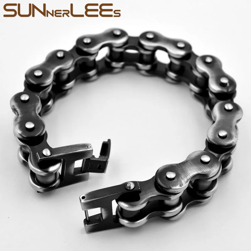 SUNNERLEES 316L Stainless Steel Bracelet Bangle Biker Bicycle Motorcycle Link Chain Retro Black Men Boy Gift BC09