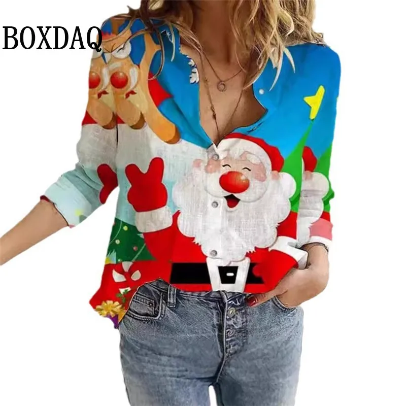 New 2024 Women\'s Blouses Christmas 3D Printed Shirts Autumn Winter Fashion Long Sleeve Funny Cute Santa Claus Casual Button Tops