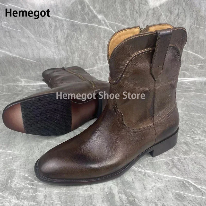 

Vintage Brown Mid-Calf Boots for Men Genuine Leather Ankle Boots Fashion New Winter Cowboy Outdoors Shoes Boots for Males