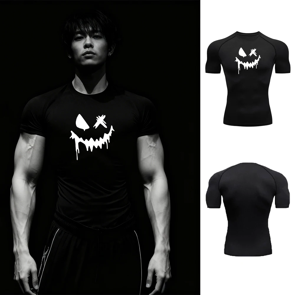Herren Smiley-Print Fitness Kompressions-T-Shirt Sommer Lauf-Training Schnelltrocknend Kurzarm 2026 Neues Pendler-Oberteil