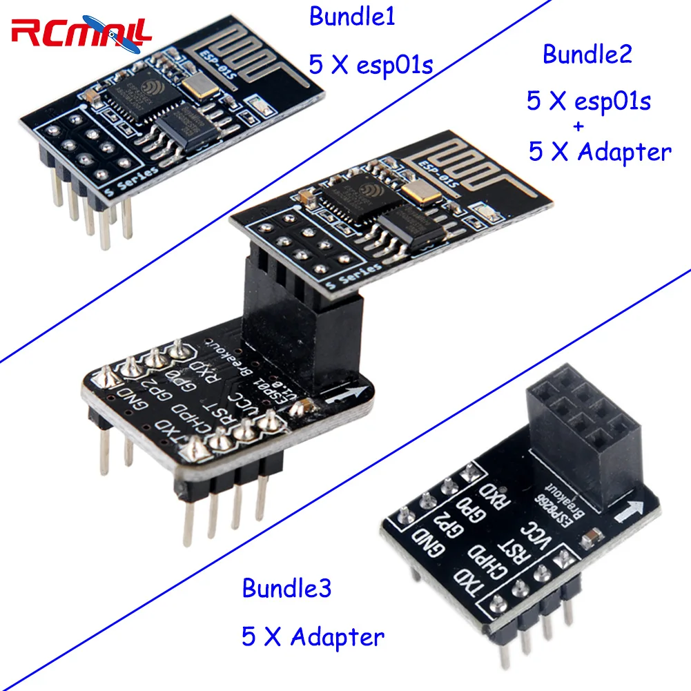 ESP8266 ESP-01S WiFi Módulo Transceptor Serial com 4MB Flash, ESP-01 Breakout Board, Adaptador Breadboard, 5Pcs