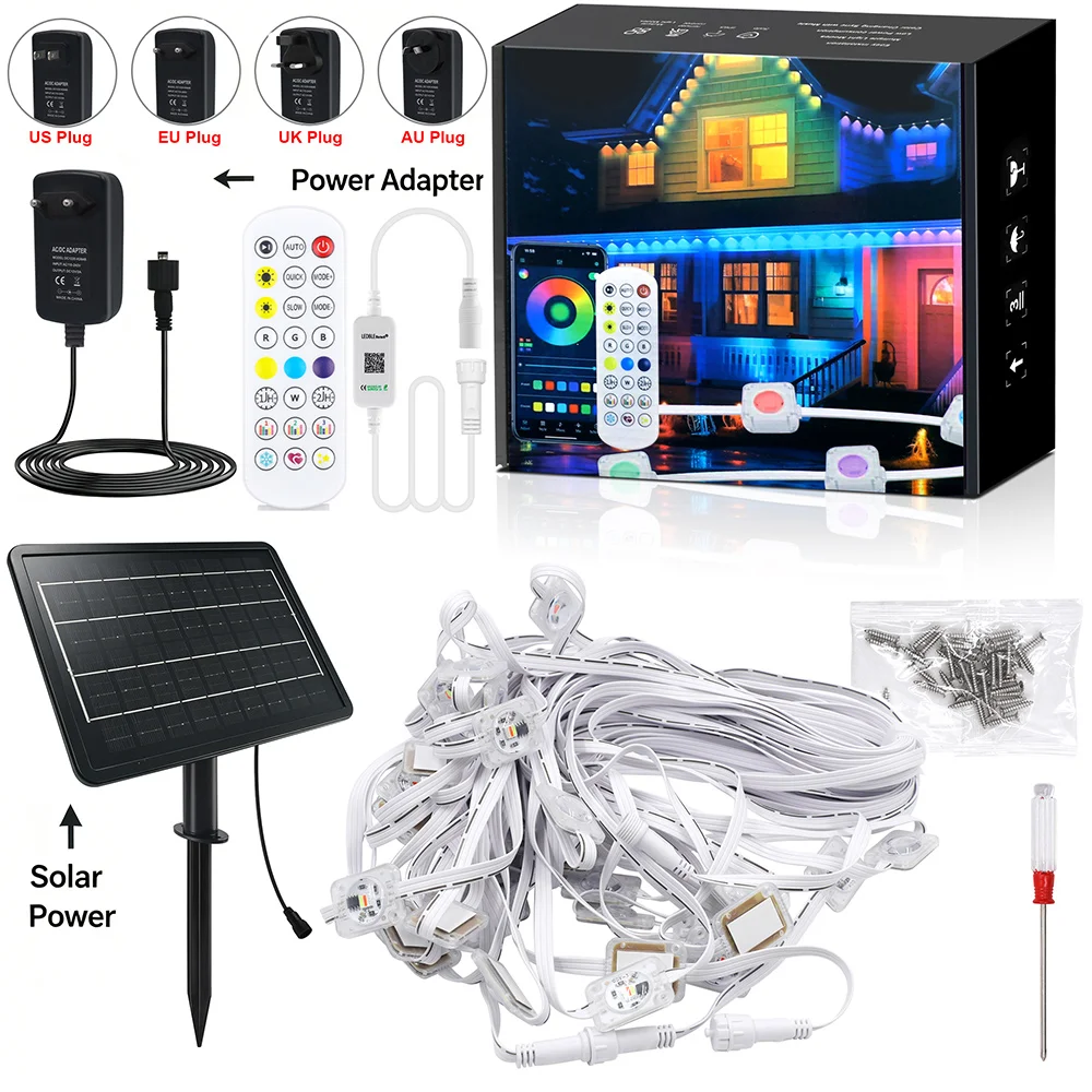 Smart IP67 Led Eaves Light 15m 30m 45m 60m 5 In 1 RGB CCT WS2811 IC Solar EU US UK AU Power Kit DC24V Bluetooth App 24key Remote