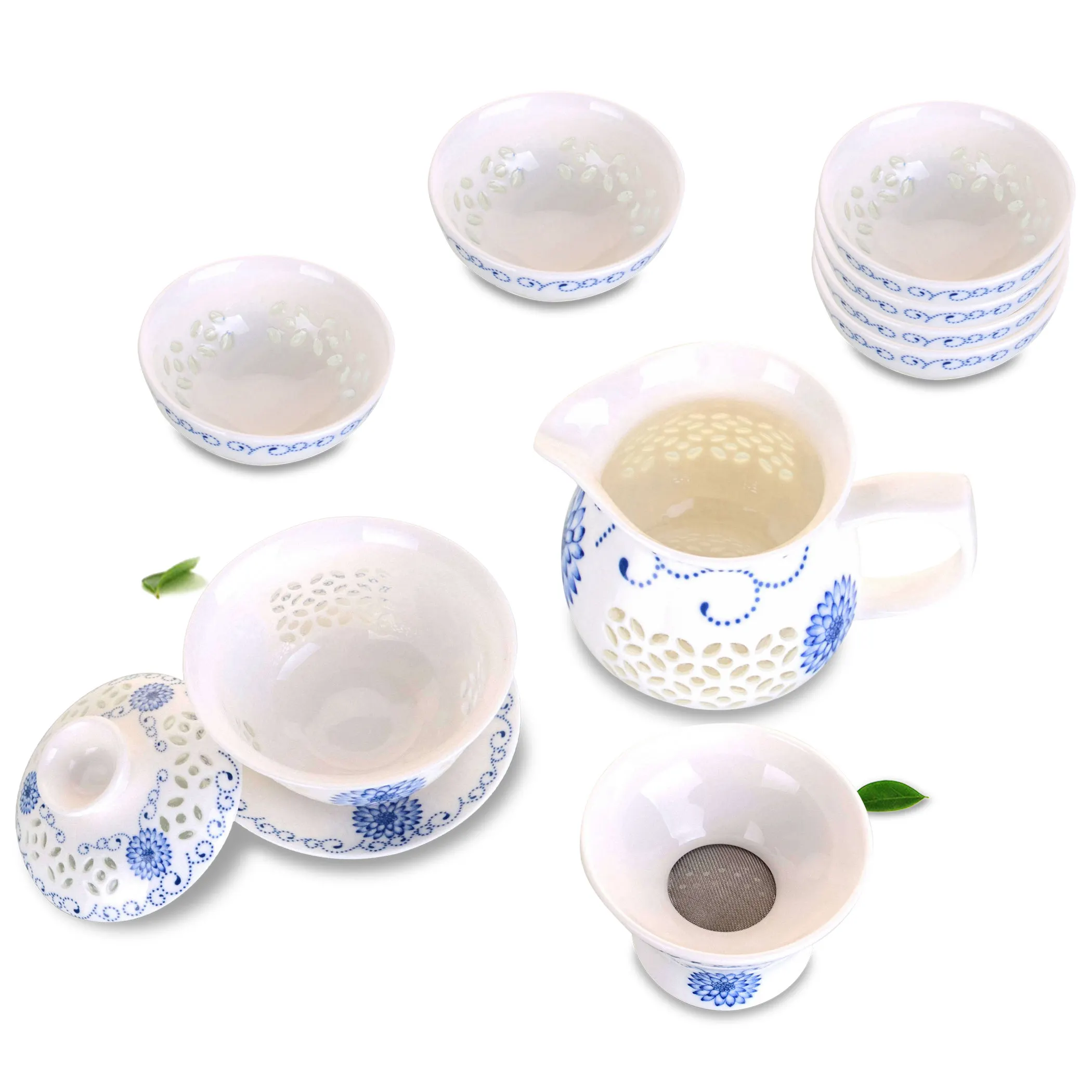 

9in1 Porcelain Gongfu Tea Set - 140ml Gaiwan + 165ml Pitcher + Infuser + 6 x 35ml Cups - Blue