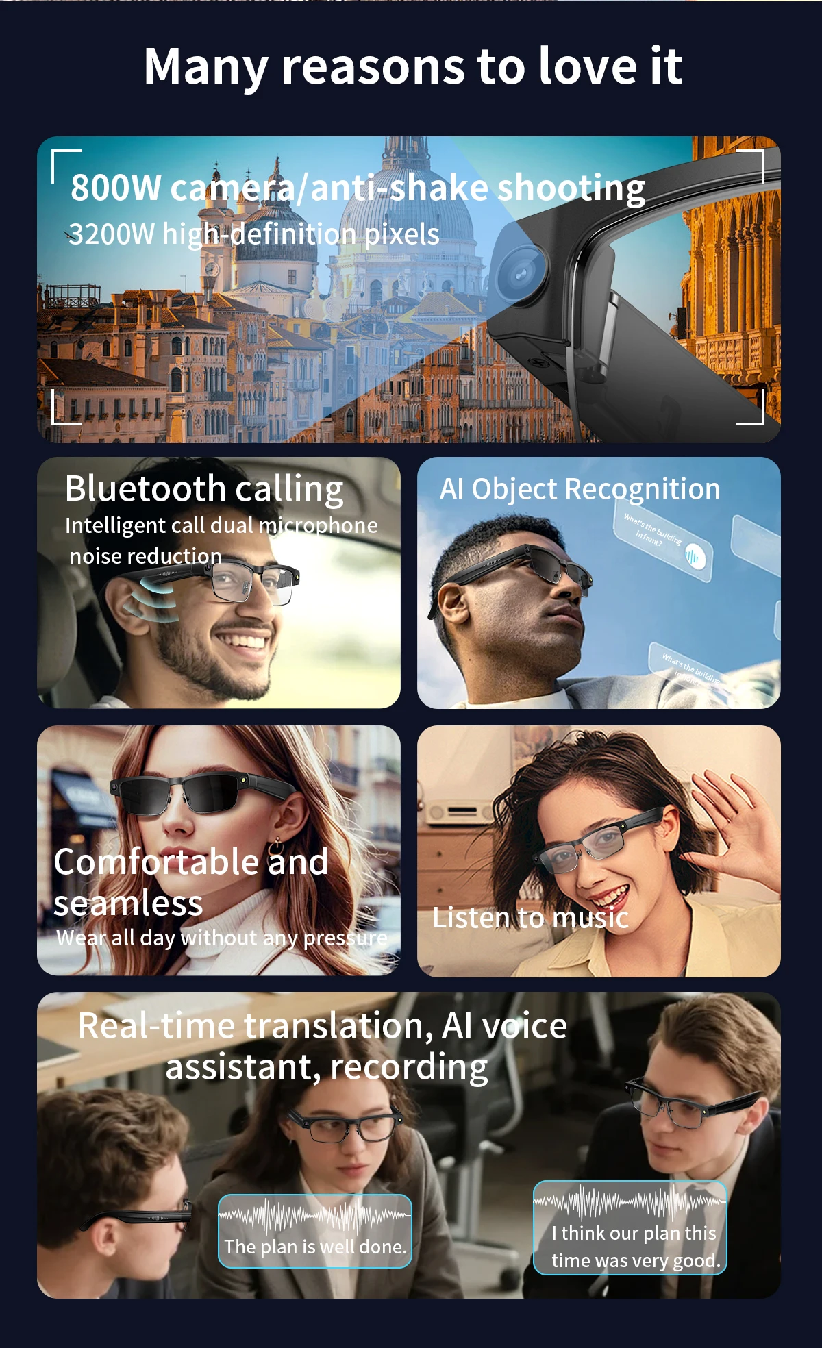 نظارات ذكية AI مع كاميرا 8 ميجابكسل للدردشة GPT Touch نظارات شمسية رياضية بلوتوث مكالمة مشغل موسيقى ترجمة في الوقت الحقيقي للرجال والنساء