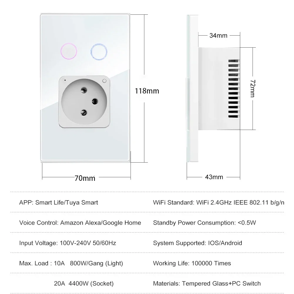 Shawader Israel Wall Socket Wifi Smart Light Switch Tuya Plug Electrical Outlet Touch Glass Panel Intelligent Alexa Google Home