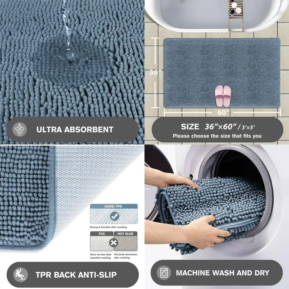 

Большой коврик для ванной из синели 36x60 — мягкий, впитывающий и моющийся нескользящий коврик для ванной комнаты и душа (синий)