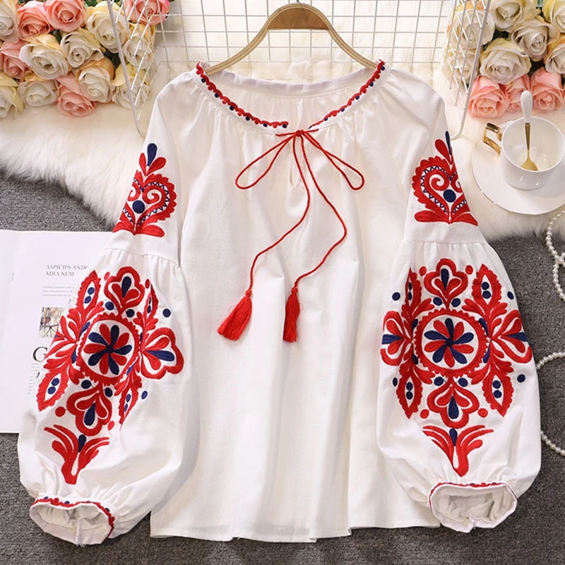 Casual Retro National Style Embroidery Lace Fringe V-Neck Blouse Lantern Sleeve Shirt Top Women\'s Loose Fashion Tops