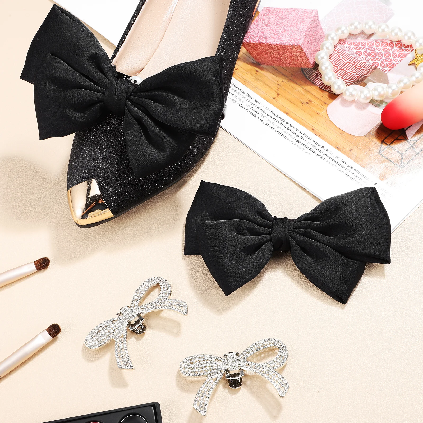

4 Pcs Black Satin Bow Shoe Clips Silver Rhinestone Decorative Accessories Women Dress Shoes Heels Flats Long Lasting Elegant