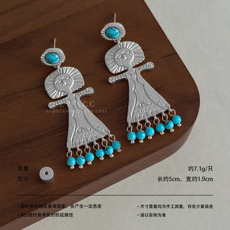 Blue turquoise stone tassel figure persin necklaces for women vintage elegant necklaces ethnic handmade bohemia jewelry