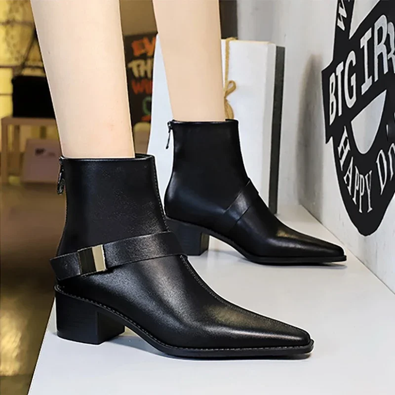 TRAF Faux Leather Ankle Boots for Woman Chic Metal Decorate Inner Velvet Short Boots Women Winter Point Head Square Heel Shoes