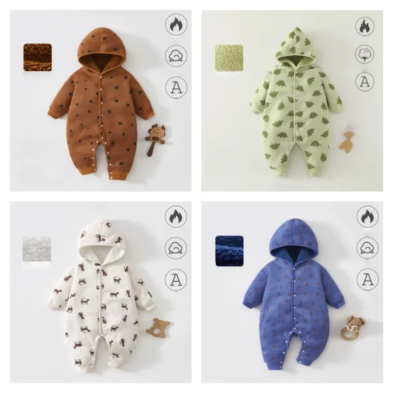 

Newborn Baby Romper Autumn Winter Warm Cotton Double Wear Hooded Jumpsuit with Print Long Sleeve Outfit for 0-1Y