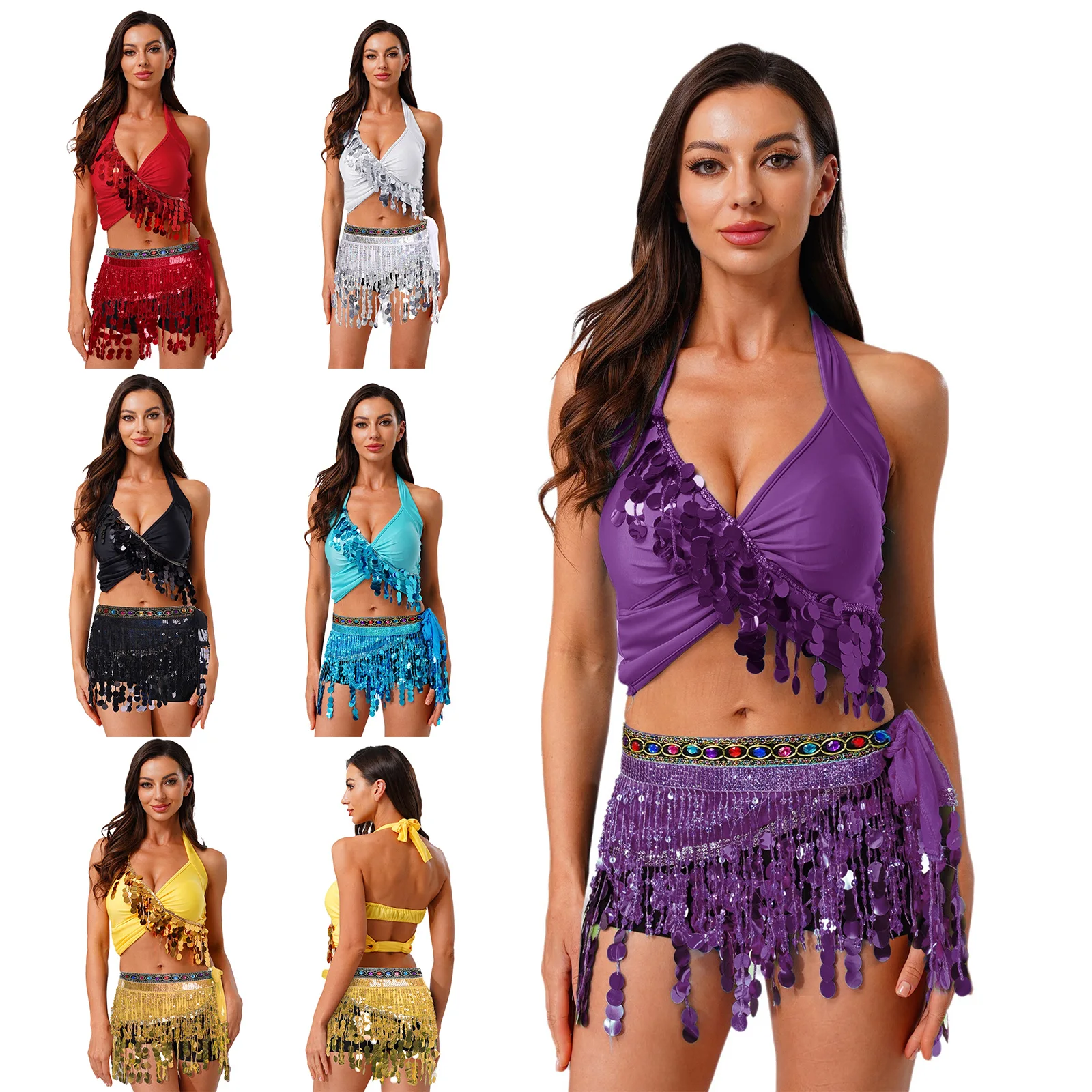 Tenue de danse du ventre à paillettes scintillantes pour femmes, haut court de poitrine à col en V et écharpe de hanche à lacets en strass pour vêtements de danse latine indienne